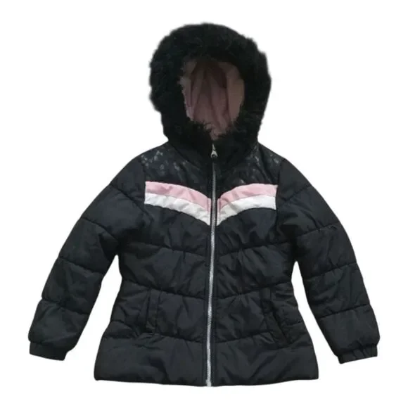 London Fog Black and Pink Girls' Puffer Jacket with Faux Fur Hood - Picture 1 of 3